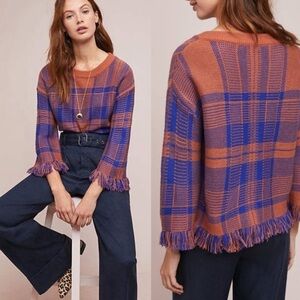 Moon River Sweater Anthropologie Plaid Brown Blue Size Extra Small